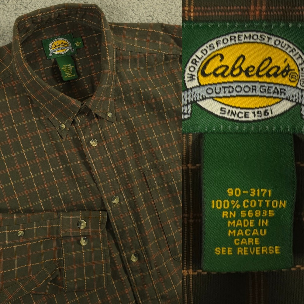 Cabelas‎ Shirt Utility Outdoors Mens Plaid Large Cotton Long Sleeve Button Up